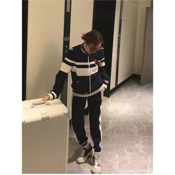 小香風洋氣炸街時尚針織套裝女休閑運動拉鏈拼色設計感兩件套裝秋