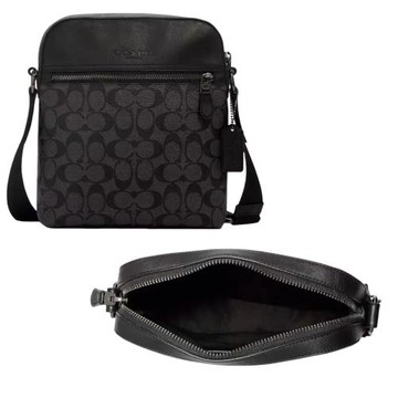 【COACH】新版 經典滿版緹花 直立斜背包 黑灰色