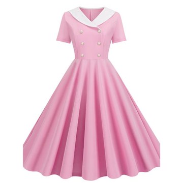 甜美春夏季新品娃娃領雙排扣修身A字粉色短袖休閑中長大擺連衣裙