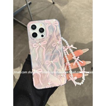 粉色羽紗蝴蝶結珍珠鏈條適用蘋果15手機殼iphone14promax女款16pro新款13防摔12軟邊硬殼11高級個性創意女神