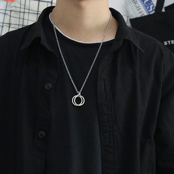 日韓潮流個性雙指環吊墜圈圈項鏈男女街頭嘻哈鏈子情侶學生項鏈潮