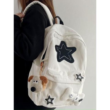 初中書包女高中大學生雙肩包2023新款秋冬燈芯絨日系百搭星星背包