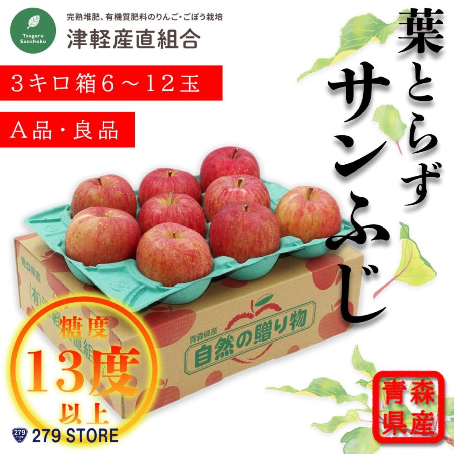 只今発送中！産地直送♪ 糖度13度以上 葉とらずサンふじ A品 3キロ箱 6〜12玉 内容量 約2.8キロ 津軽産直組合直送 津軽りんご 青森県産