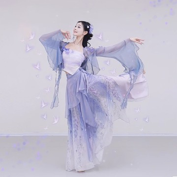古典舞表演服 民族舞表演服 古典舞漸變仙氣飄逸紗衣 喇叭袖外披 暈染古風雙層褲裙 演出服 練功服 古典舞蹈服 古著女裝