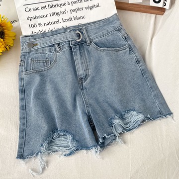 年新款港風休閑復古藍色高腰顯瘦破洞闊腿牛仔短褲女夏季薄款