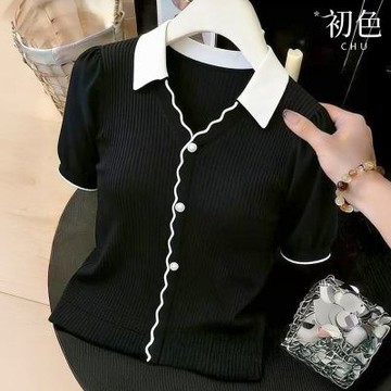 初色 簡約柔軟針織翻領坑條排扣拼接撞色花邊正肩短袖開衫女上衣-黑色-50855(F可選)
