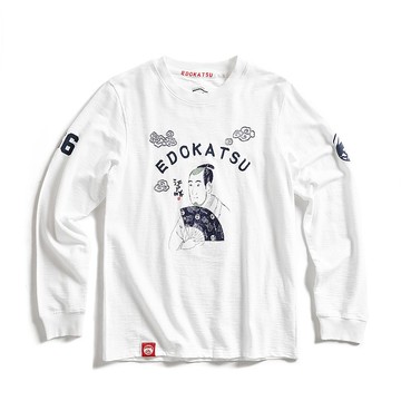 江戶勝 日系 男裝 忍者系列 浮世繪印花江戶仕紳長袖T恤(米白色)