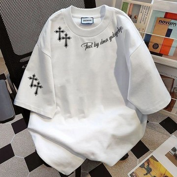 9147 人再次選購💯美式潮牌十字架字母印花短袖t恤男女同款寬鬆小衆設計感上衣insRMDB