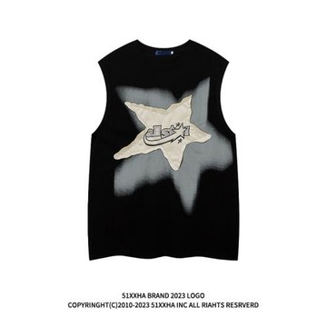 51嘻哈復古潮牌星星貼布純棉運動背心男夏季美式訓練坎肩無袖T恤