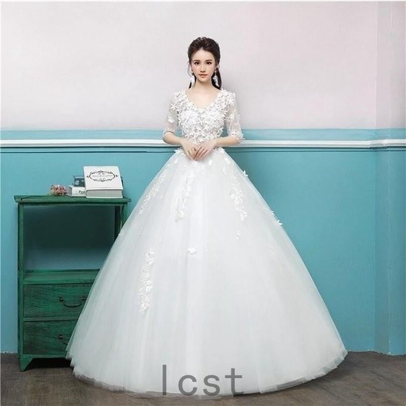 ホワイトドレス 結婚式 ５分丈袖 Vネック ウェディングドレス 花嫁 ブライダルドレス チュール 姫系 Aライン プリンセスドレス 披露宴 通販 Lineポイント最大0 5 Get Lineショッピング