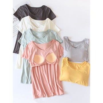 莫代爾棉帶胸墊短袖免文胸睡衣女單件上衣家居服夏季薄款半袖T恤
