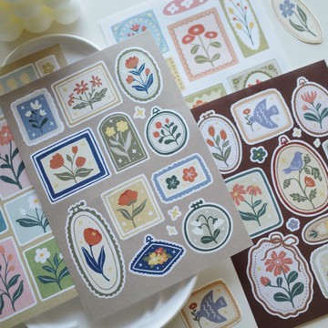 壹洱二號店鹽系輕復古手帳【刺繡花】貼紙切模和紙不干膠4張入