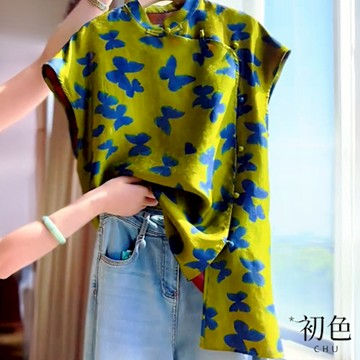 初色 新中式透氣無袖撞色藍蝴蝶印花圓立領領單排斜盤釦襯衫上衣女上衣-綠色-12552(M-2XL可選)