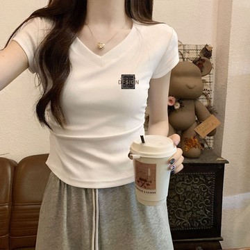 胖胖美依 上衣 T恤 短袖上衣  M-2XL純棉V領短袖T恤夏季褶皺百搭顯修身瘦美上衣-6958.