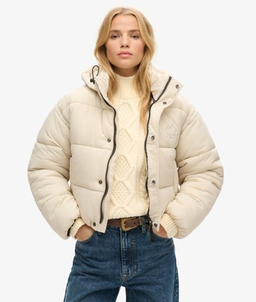 Superdry Women's Cropped Cocoon Puffer Jacket Cream Size: 10