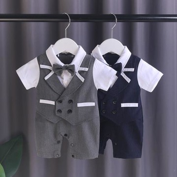 百天日新生嬰兒短袖衣服夏季裝寶寶西裝紳士禮服男滿月周歲連體衣