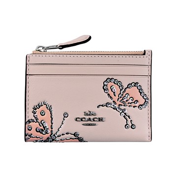 COACH仿刺繡效果亮粉燙印蝴蝶皮雕裸粉色素面皮革前卡夾鑰匙零錢包