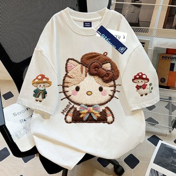 台灣出貨100%冰絲情侶2026新款洋氣kitty貓卡通男女春季酒紅色短袖t恤中
