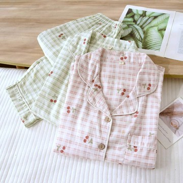 【現貨】日系睡衣100%純棉睡衣雙層紗布薄款女士長袖長褲睡衣套裝春夏小外套全棉家居服舒適套裝