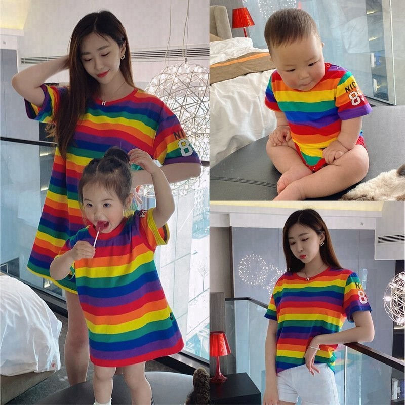 虹のしま模様親子お揃い服男の子半袖tシャツママパパ女の子ペアルック親子子供服ペアtシャツキッズ夏 通販 Lineポイント最大0 5 Get Lineショッピング