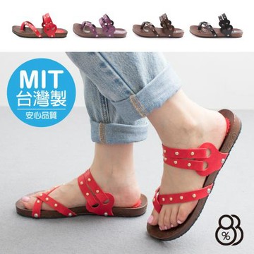 【88%】2cm涼鞋 金屬光澤皮革交叉細帶 鉚釘兩穿圓頭 羅馬涼拖鞋 MIT台灣製