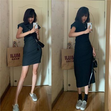 2025高級感黑色褶皺T恤包臀裙女又a又颯氣質大碼顯瘦小個子連衣裙