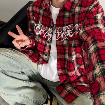 美式復古紅色刺繡格子嘻哈風情侶襯衫長袖上衣hiphop高街襯衣外套