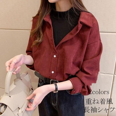 レイヤード 重ね着風シャツ レディース 長袖 トップス プルーオーバー 厚手 前後差 プリハイネック カジュアル 通販 Lineポイント最大get Lineショッピング