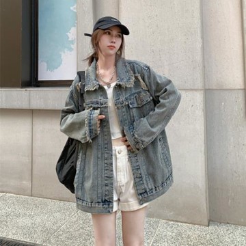 潮牌復古別致上衣女2026春秋季新款寬松破洞美式小香風牛仔短外套