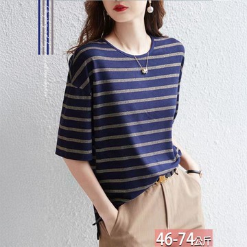 圓領橫條紋撞色落肩袖上衣 M-2XL【255200X】【現+預】☆流行前線☆