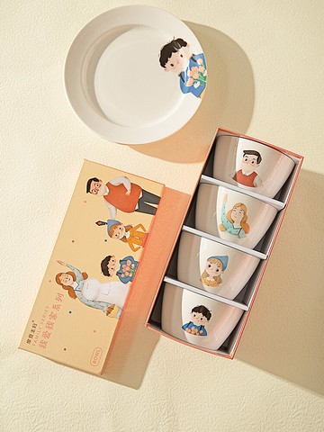 摩登主婦親子碗兒童陶瓷飯碗餐具套裝可愛碗碟套裝一家四口三口碗