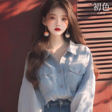 初色 韓系寬鬆顯瘦牛仔拼接條紋單排釦燈籠袖長袖襯衫上衣女上衣-藍色-38184(M-3XL可選)