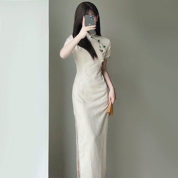 旗袍改良米白色少女版日常氣質復古素雅國風時尚百搭連衣裙年輕夏季新款【倪醬】