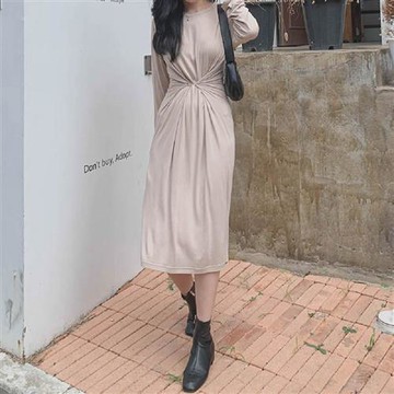 連身裙 氣質鈕釦綁腰長袖長洋裝T2-0252-創翊韓都