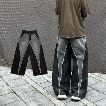 【APPAREL】撞色拼接毛邊設計牛仔寬褲