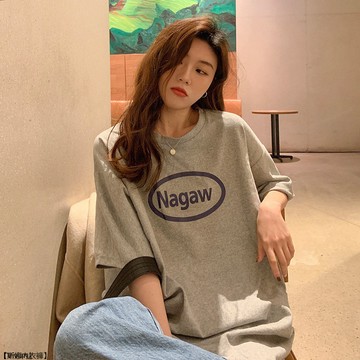 韓版潮牌中長款正肩短袖T恤女小個子寬鬆印花圓領上衣ins