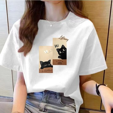免運  100%纯棉新款ins潮印花短袖T恤女宽松圆领显瘦简约风半袖上衣