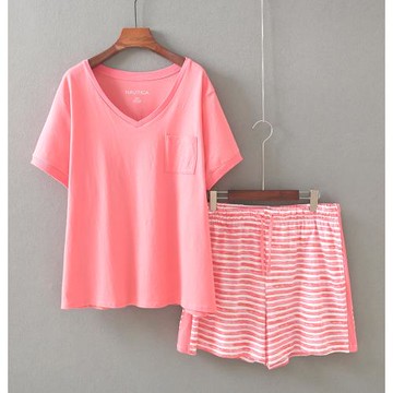 外貿諾家~純棉針織女短袖短褲家居加肥大碼寬松睡衣外穿休閑套裝