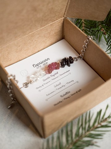 摩羯座水晶手鍊，925純銀，碧璽，白水晶，黑碧璽，聖誕禮物