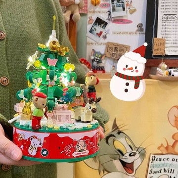 【聖誕節】泰迪聖誕樹音樂旋轉八音盒拼裝玩具送女友聖誕禮物禮盒
