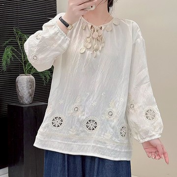 設計感鏤空提花綁帶長袖上衣217309