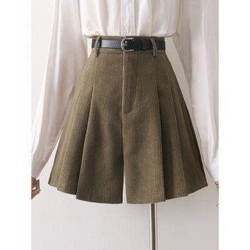 高腰顯瘦燈芯絨卡其色A字短褲女2024秋冬新款遮胯百褶闊腿裙褲