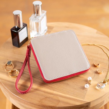 真皮掛繩飾品收納包 灰褐色&紅色