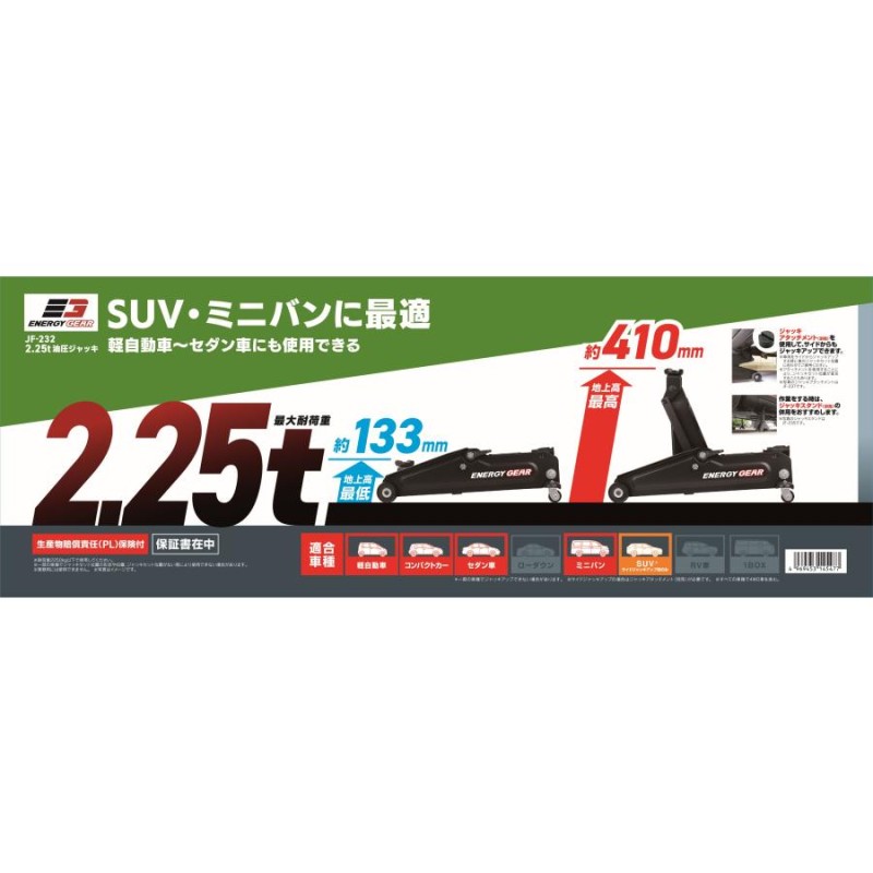 メルテック 車用 油圧フロアージャッキ 2.25t ミドルリフト 最高値 最低値 410 133mm ジャッキタッチメント付 Meltec - 2