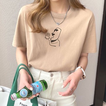摩艾咖啡 Moai 中性短袖T恤 米色 coffee石像禮物文青上衣寬鬆