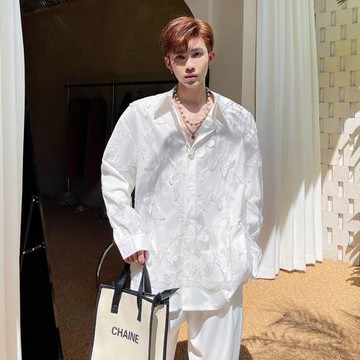 很仙的襯衫男長袖透明網紗蝴蝶拼接假兩件上衣時尚潮牌冷淡風男裝