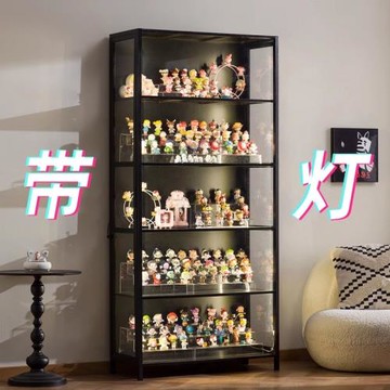 輕奢玻璃門實木手辦盲盒模型防塵帶燈展示柜設計模型柜儲物收納柜