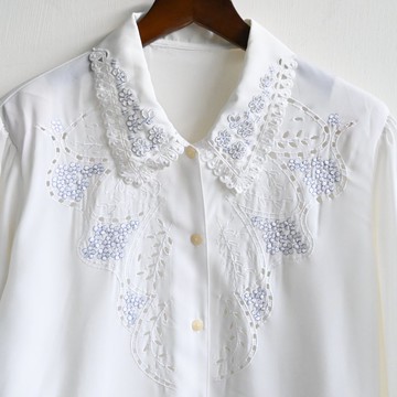 【蛋植物古著】水洋繡球精工刺繡純白古著襯衫