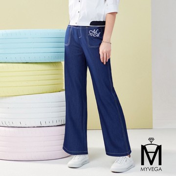 💜限時78折 MA 車縫線LOGO刺繡彈力牛仔褲-藍