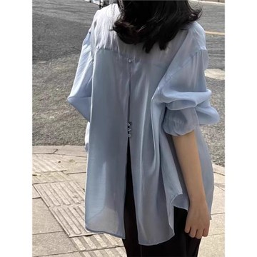 法式別致后背開叉天絲防曬襯衫外套女夏輕薄外搭襯衣防曬薄紗上衣